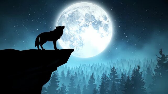 Silhouette of a wolf howling on a cliff at night with a full moon over a forest