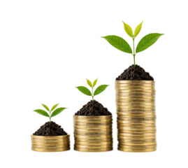 Growing plant on gold coins symbolizing financial growth
