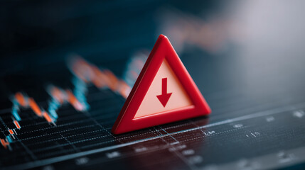 Red triangle warning sign symbolizing risk and decline in financial markets with stock chart background illustrating falling trends