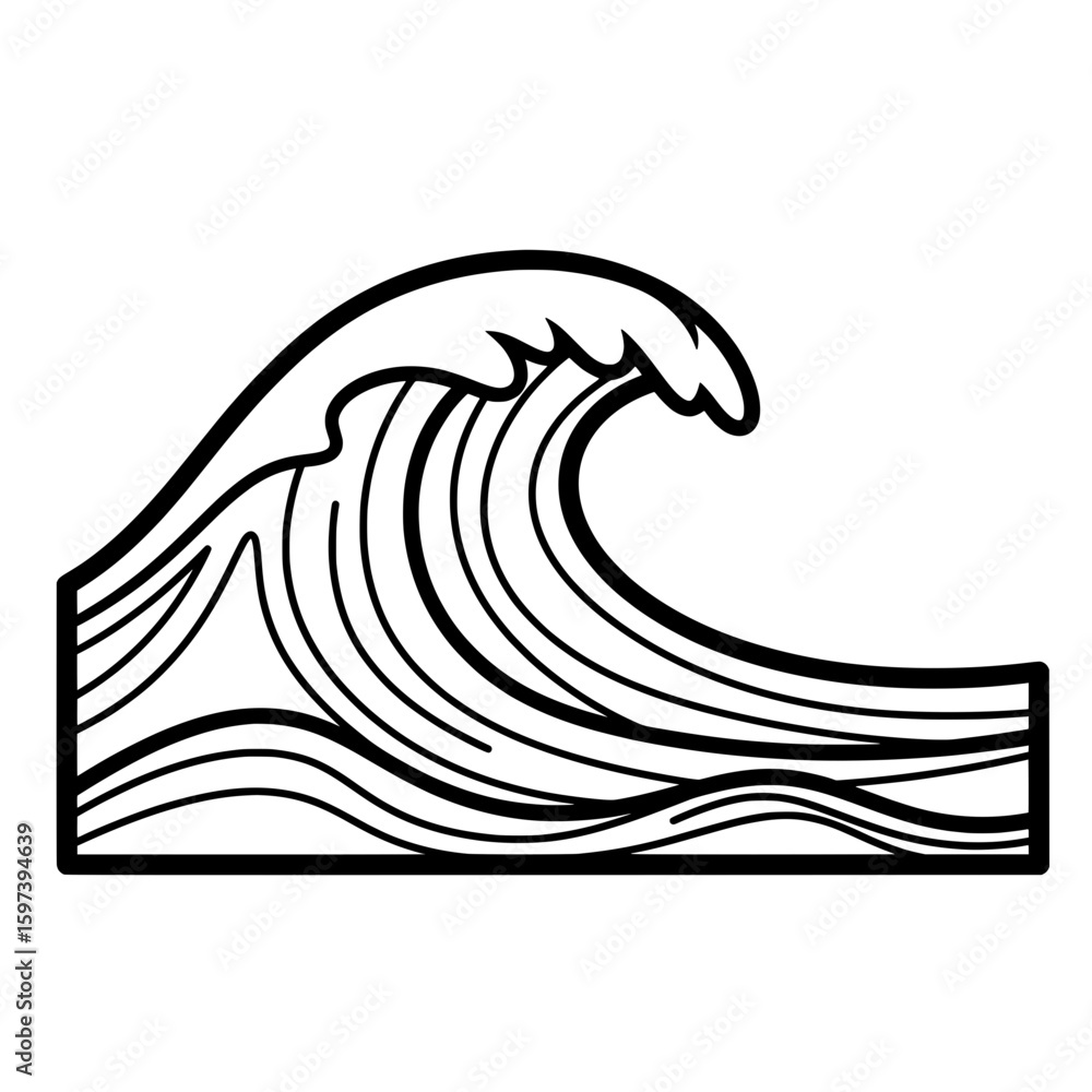 Poster line art wave with crest and flowing water streams