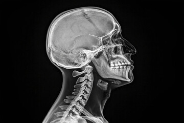 Striking digital artwork combining a figure's upper body with a clear radiographic depiction of bones and organs.