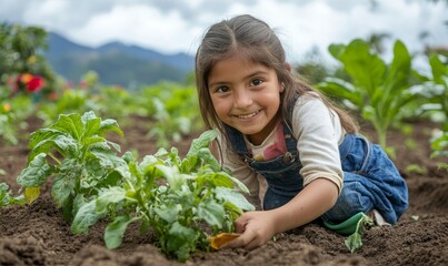 Young happy school girl planting vegetables in a garden field. Sustainable living in the next generation. Sustainability school education, Generative AI