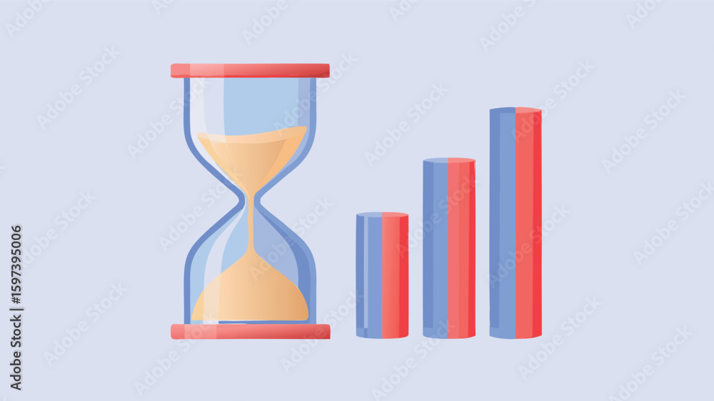 Poster illustration of an hourglass with sand and bar graph showing time and growth concept data analysis