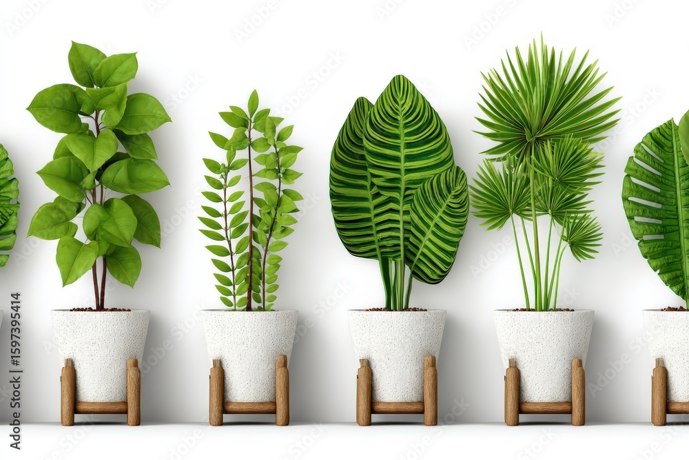 Poster diverse collection of lush potted plants with vivid green leaves showcasing various textures and sha
