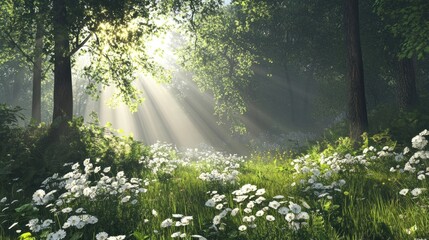 Obraz premium Scenery magnificent green forest flowers sunlight through.