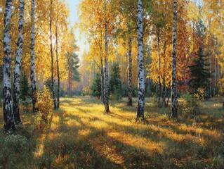 Golden Autumn Sunrise in Birch Forest: Long Shadows and Equinox Light