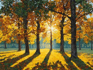 Autumnal Equinox Sunrise: Golden Light and Long Shadows in a Painted Forest Landscape