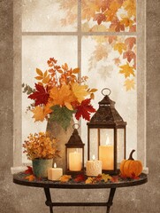 Cozy Autumn Still Life with Candles, Leaves, and Lanterns by the Window for a Warm Seasonal Vibe
