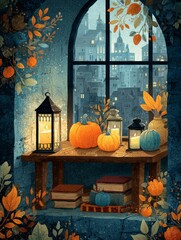Autumnal Equinox Still Life: Pumpkins, Candles, and City View Through Window