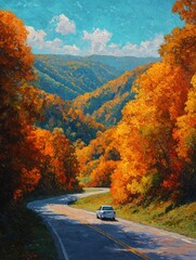 Autumn Road Trip: Scenic Drive Through a Fall Forest with Vibrant Foliage and Distant Mountains