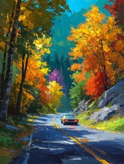Autumn Road Trip: Car on a Winding Road Through Colorful Fall Foliage in a Textured Painting Style, Capturing the Beauty of the Season