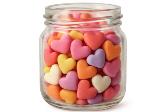 Glass jar containing pastel heart-shaped candies, symbolizing romantic celebration against clean transparent backdrop - Powered by Adobe