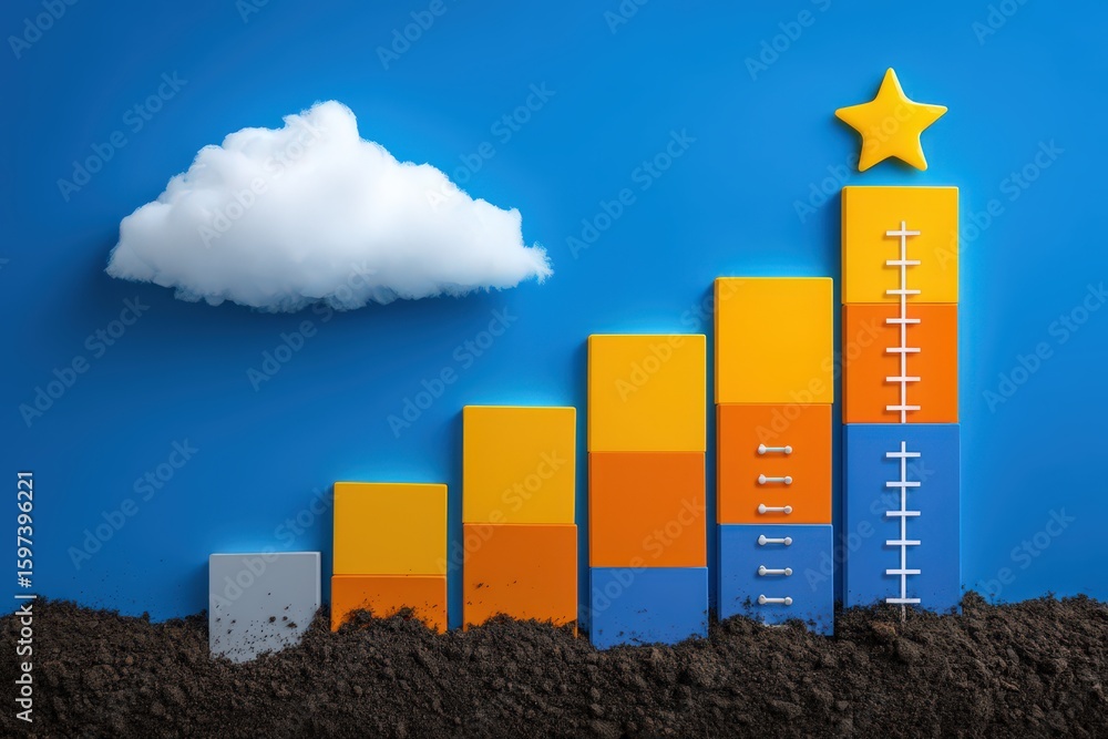 Poster growth metrics visualization concept employing colorful building blocks rising from soil toward a cl