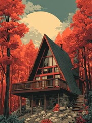 A-Frame Cabin in Autumn Forest: Cozy Getaway Surrounded by Fall Foliage