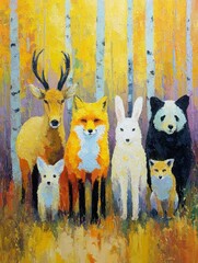 Autumnal Equinox Woodland Animal Oil Painting: Fox, Deer, Rabbit, Panda Illustration