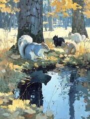Squirrels Gathering by Autumn Pond, Woodland Scene Painting, Equinox Animals