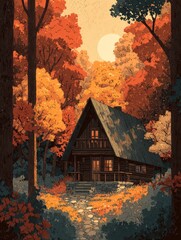 Cozy Cabin in Autumn Forest: A Rustic Retreat in Nature's Splendor, Surrounded by Vibrant Fall Foliage and Warm Sunlight