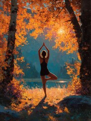 Autumnal Equinox Yoga: Woman in Tree Pose in Forest Clearing at Sunset - Tranquility and Balance