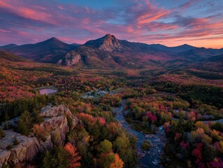 Stunning Aerial View of Autumn Foliage at Sunrise in the Mountains of New England, USA