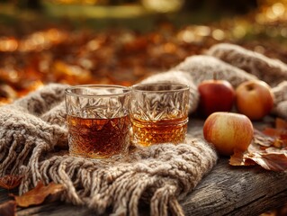 Cozy Autumn Picnic Scene with Whiskey Glasses, Apples, and a Warm Blanket on a Rustic Wooden Table