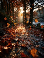 Golden Autumn Leaves Falling in a Forest with Backlit Sunlight