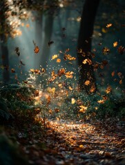 Enchanting Autumn: Backlit Falling Leaves in a Mystical Forest Scene