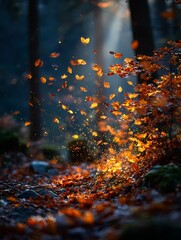 Autumnal Equinox: Golden Leaves Falling in a Forest Backlit by Sunbeams