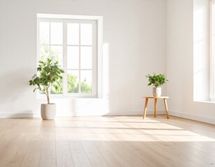 Fototapeta premium 明るい窓と観葉植物のあるミニマリストなリビングルームGenerated image