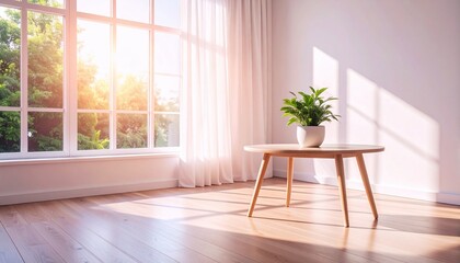Fototapeta premium 自然光が降り注ぐ、白い壁と木製の床のシンプルな部屋Generated image