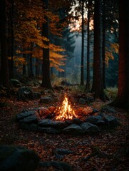 Autumnal Equinox Campfire: Cozy Campfire in a Misty Forest during the Autumn Season.