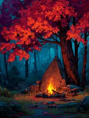 Magical Autumnal Equinox Campfire in Enchanted Forest: Vibrant Fall Foliage and Cozy Warmth