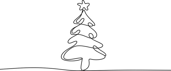 Minimalist Christmas Tree One Line Drawing on White Background