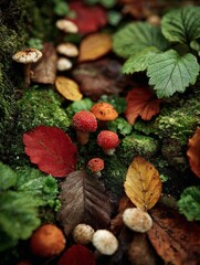 Autumnal Forest Floor: A close-up of vibrant leaves, moss, and mushrooms highlighting the textures and colors of the season.
