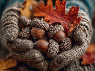 Cozy Autumn: Hands in Knitted Gloves Holding Acorns and Fall Leaves - Seasonal Still Life