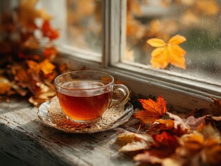 Autumnal Equinox: Cup of Tea on a Window Sill Surrounded by Fall Leaves in Golden Light.