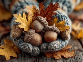 Cozy Autumn: Hands in Mittens Holding Acorns and Fall Leaves on a Rustic Wood Surface