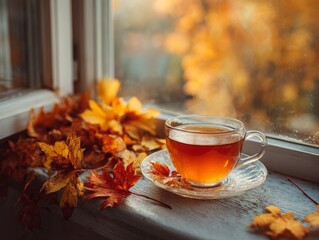 Cozy Autumn Still Life: Steaming Tea Cup on a Windowsill with Fall Leaves