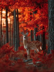 Deer in Autumn Forest: A Whitetail Doe Among Vibrant Red Trees, Fall Foliage