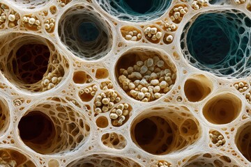 Microscopic view reveals porous structure, spheres inside large cavities. Use for science, biology, or abstract concepts like networks and textures.