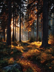 Golden Light Illuminating a Forest Path at Autumnal Equinox, creating a magical atmosphere.