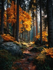 Golden Light Through Autumn Forest: A Scenic Trail in the Woods during Autumnal Equinox