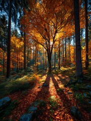 Autumnal Equinox: Golden Sunlight Filtering Through a Majestic Forest of Beech Trees