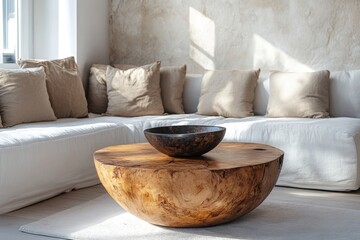 Round accent coffee table placed near a white sofa against a stucco wall. Scandinavian home interior design for a modern living room in a farmhouse, Generative AI