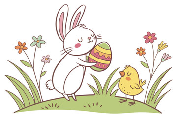 Bunny & Chick with Easter Egg – Spring Meadow Clipart

