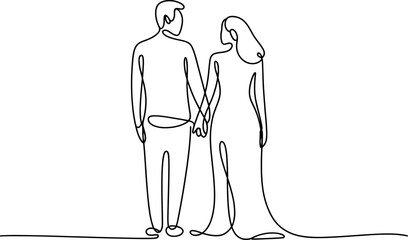 Continuous line drawing of a couple holding hands together on white background