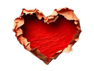 Fiery torn heart shape revealing deep red interior isolated on transparent background