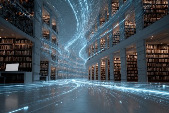 Futuristic library with shelves filled with books and light trails. It's great for digital transformation, big data, and information technology.