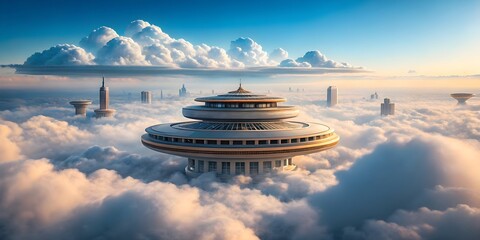 Futuristic city floating amongst the clouds at sunset