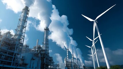Large industrial plant with a lot of smoke coming out of it.factory smokestack dissolving into wind turbine blades along diagonal split, sustainable energy stocks - Powered by Adobe