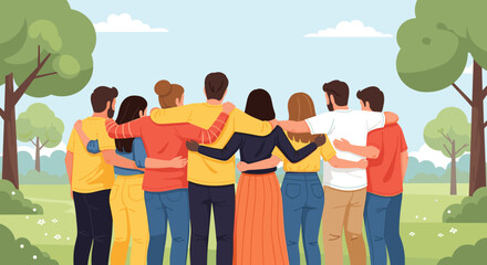 A diverse group of friends stands in a park with their arms around each other, showcasing unity, friendship, and togetherness against a backdrop of lush green trees and a clear sky.